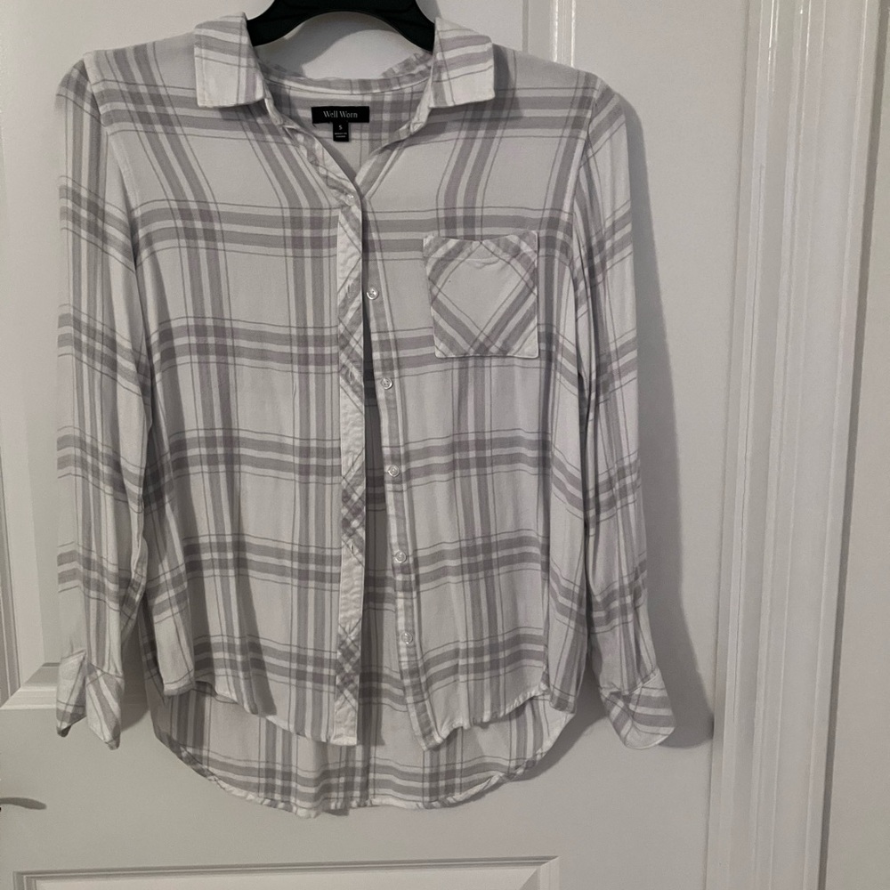 Well Worn White and Gray Checkered Shirt Ladies S